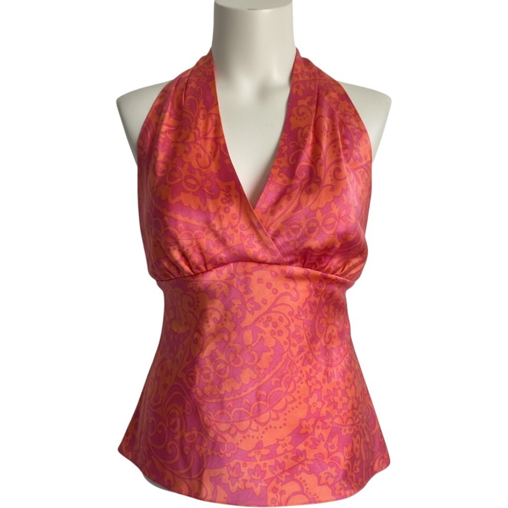 Express Silk Halter Top Pink Orange Floral V-Neck Open Back medium babydoll y2k